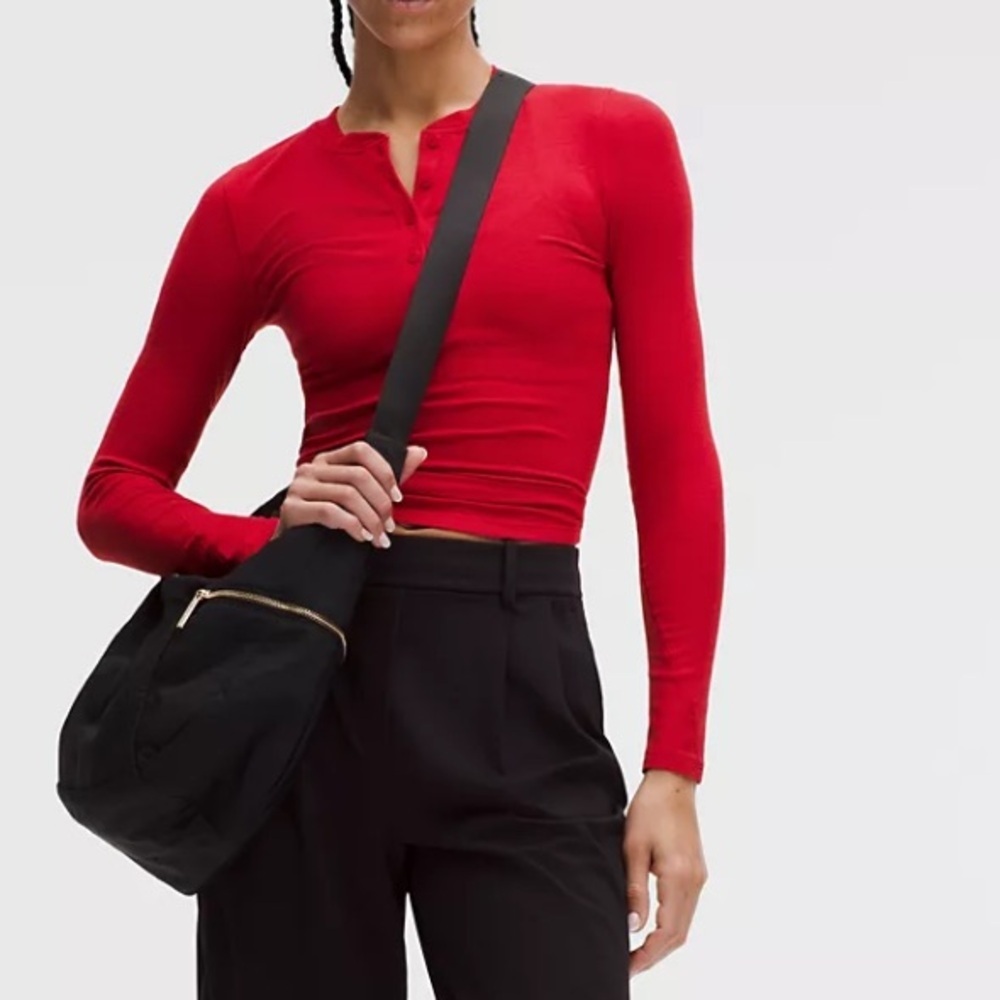 Lululemon Red Ribbed Hold Tight Long Sleeve Henley Top - Picture 2 of 11